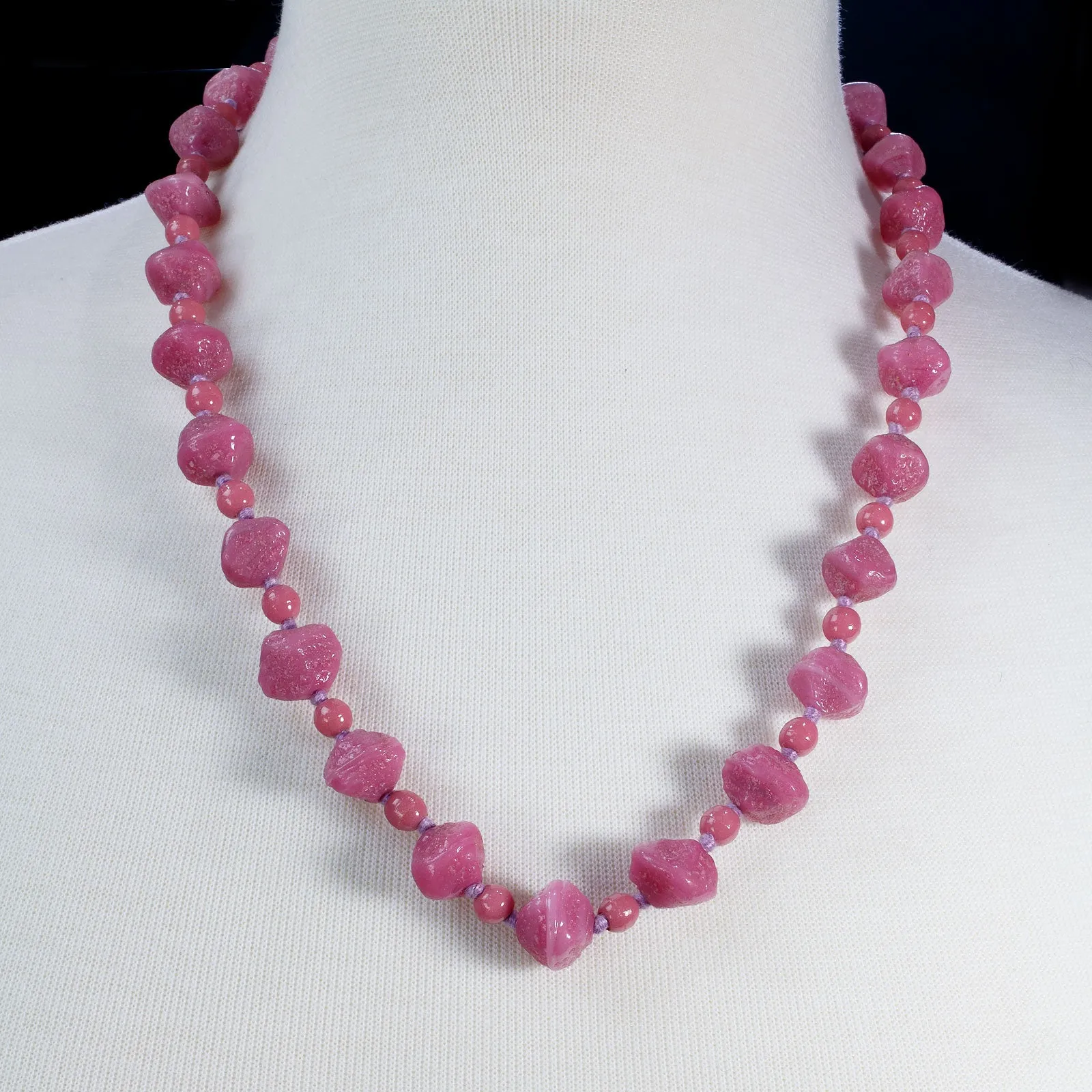 Lilac Pressed Glass Bead Necklace. 1920s-1930s Czechoslovakia. 23 inches. j-nlbg2191