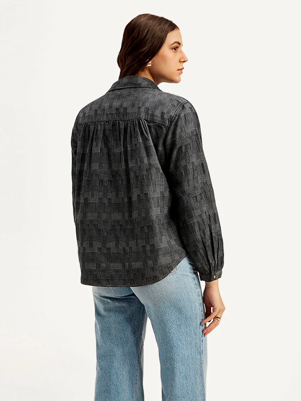 Women's Abstract Charcoal Grey Spread Collar Top