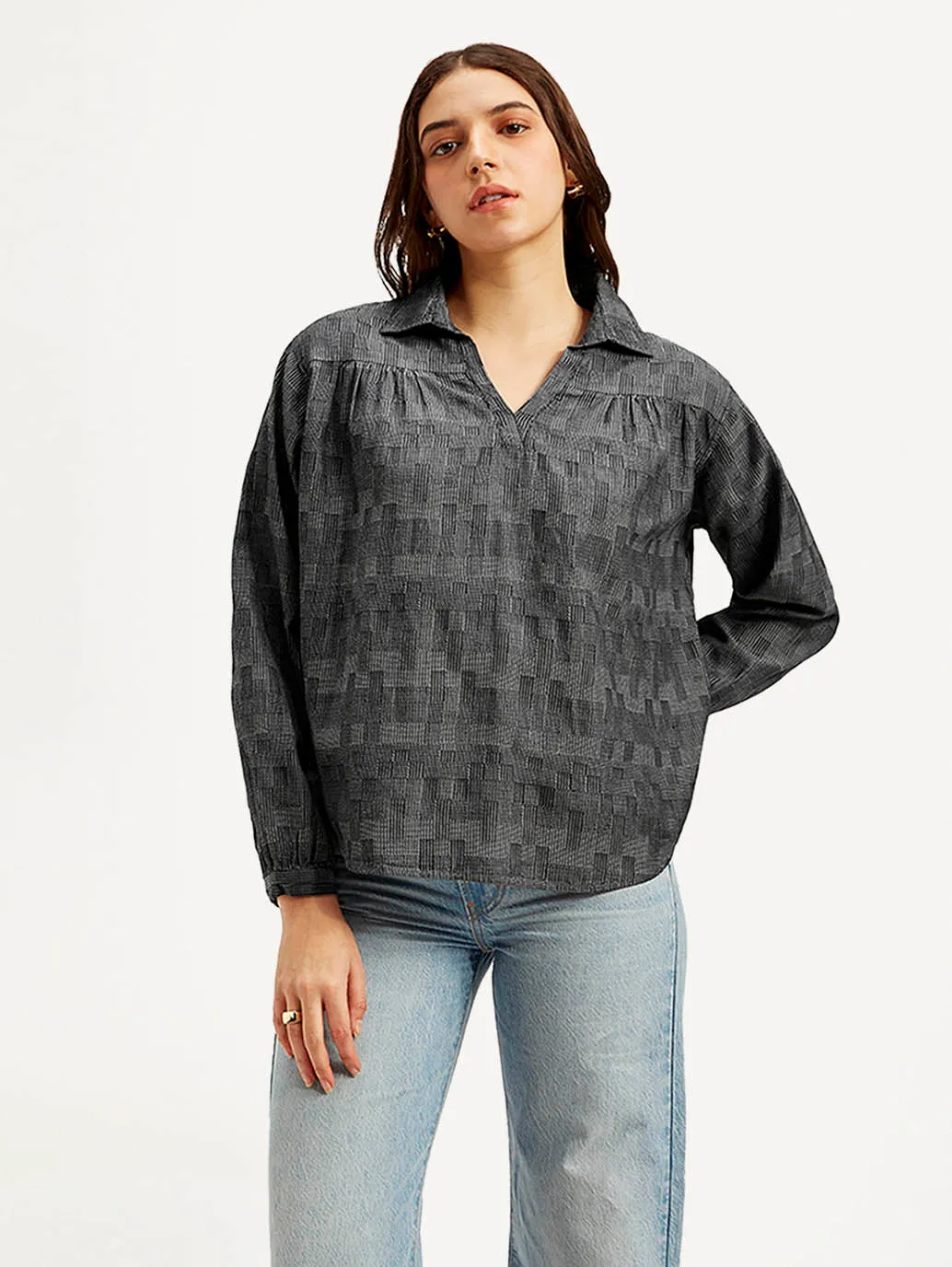 Women's Abstract Charcoal Grey Spread Collar Top