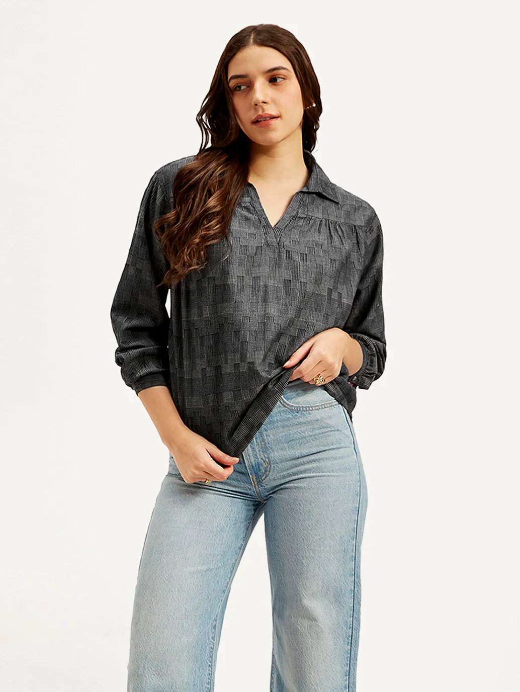 Women's Abstract Charcoal Grey Spread Collar Top