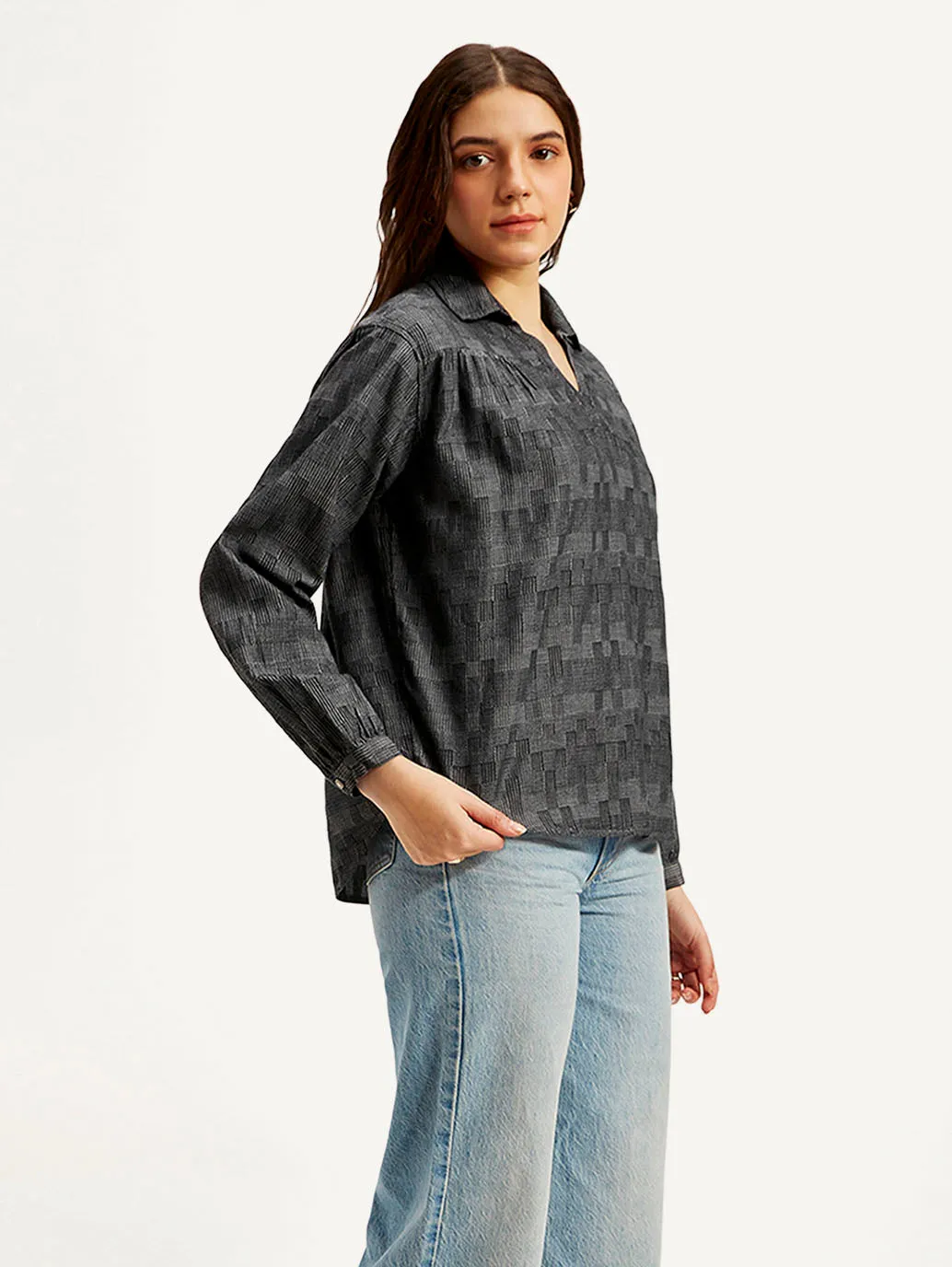 Women's Abstract Charcoal Grey Spread Collar Top