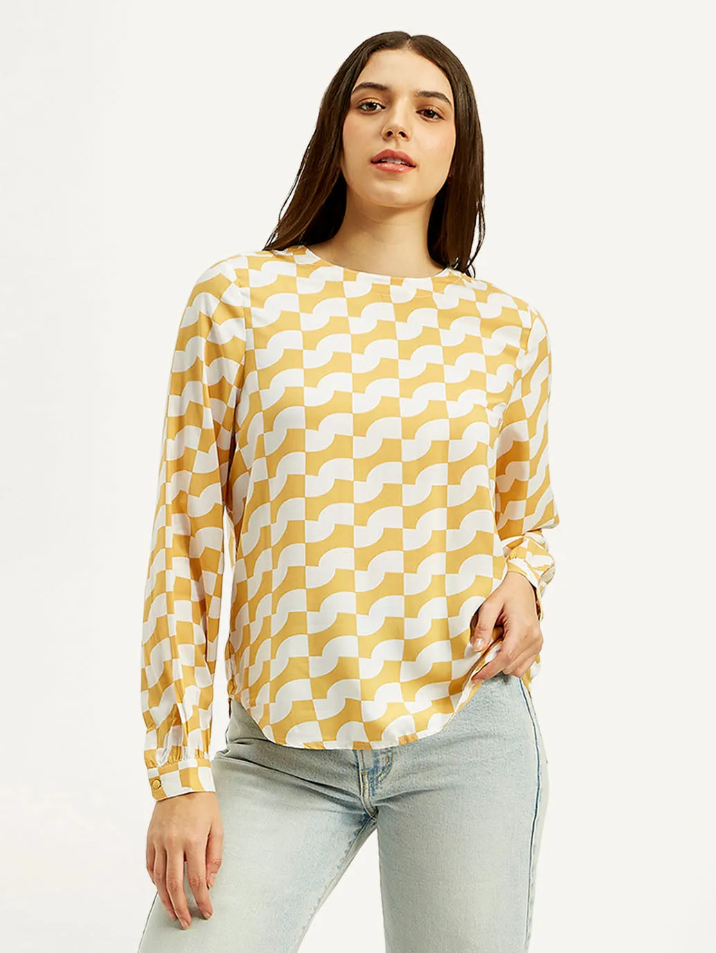 Women's Geometric White Round Neck Top