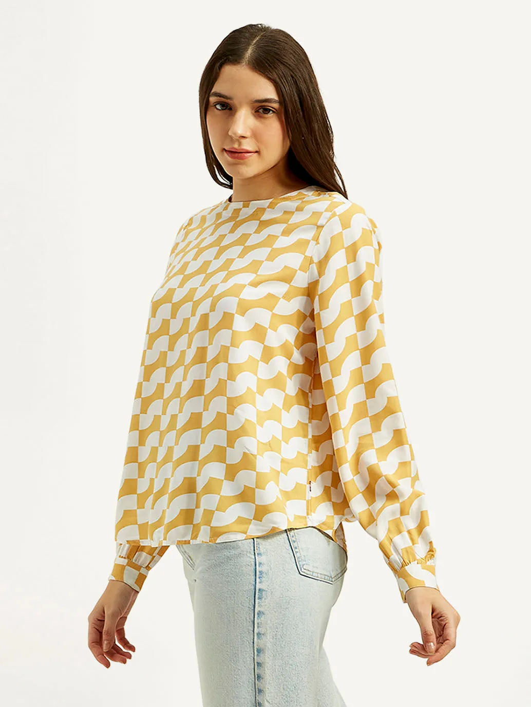 Women's Geometric White Round Neck Top