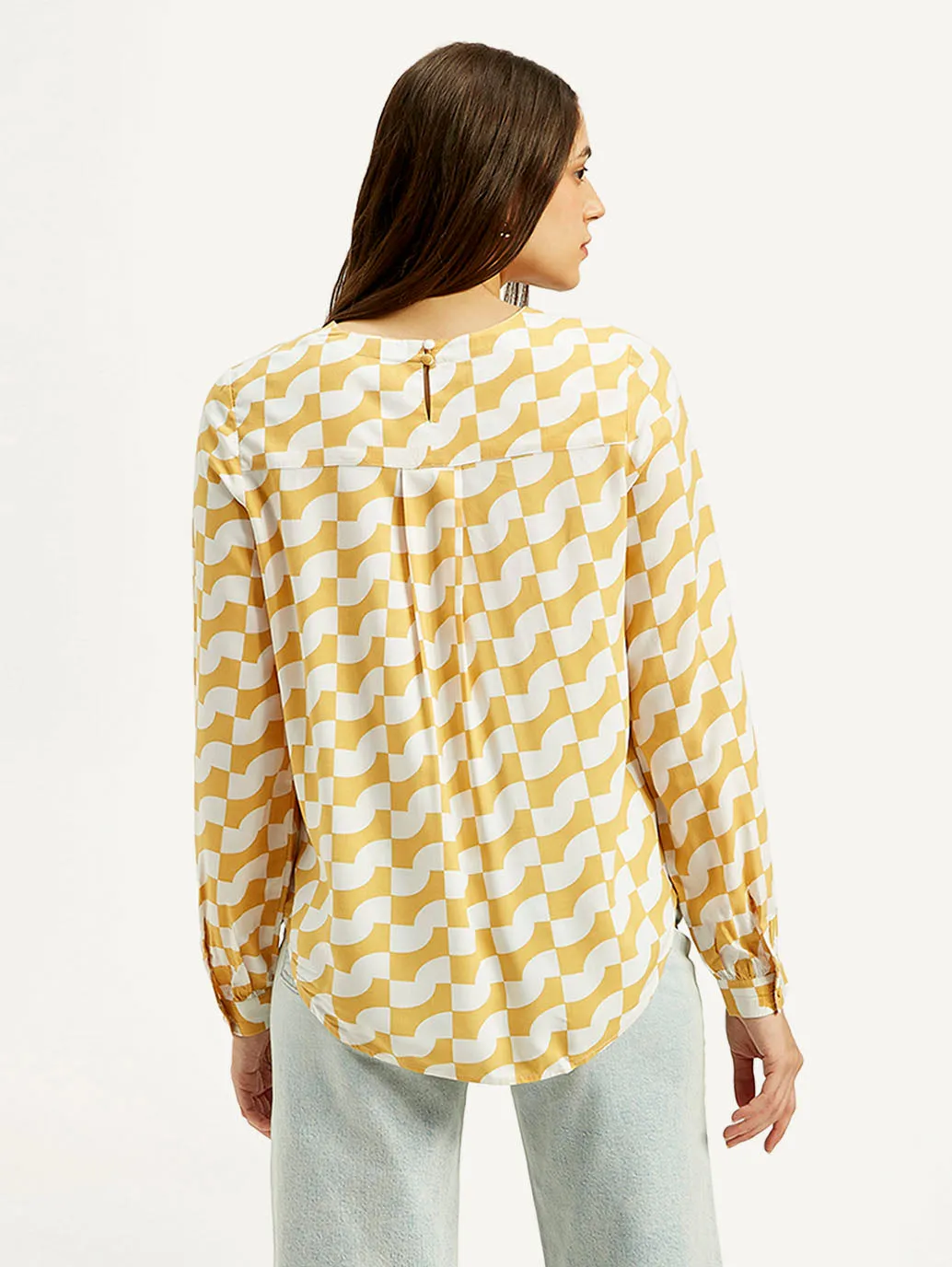Women's Geometric White Round Neck Top