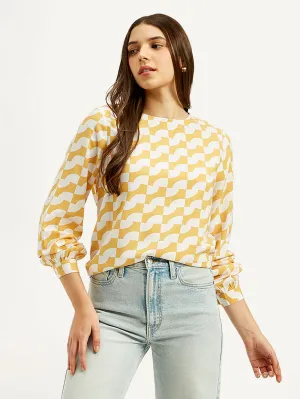 Women's Geometric White Round Neck Top