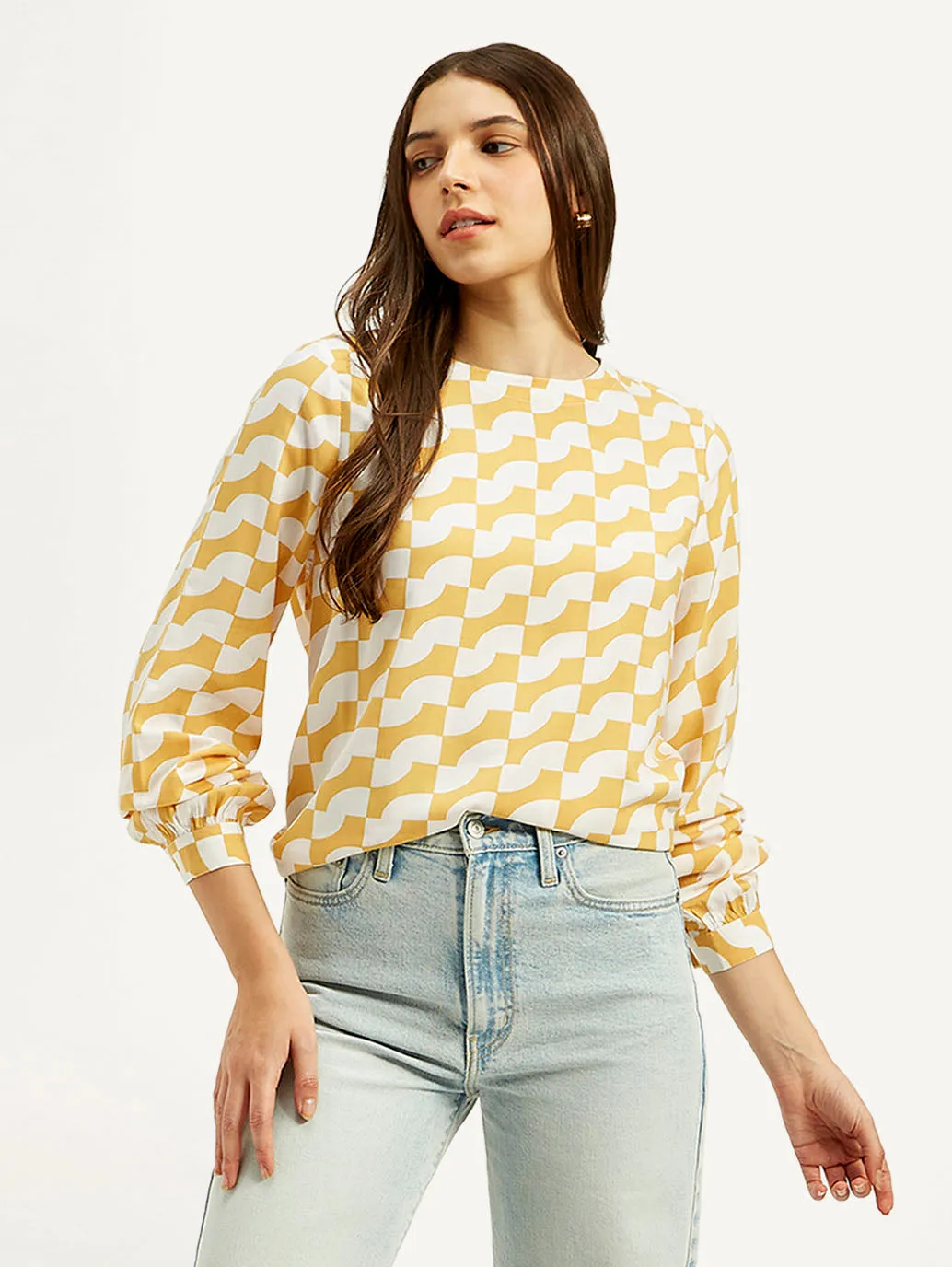 Women's Geometric White Round Neck Top