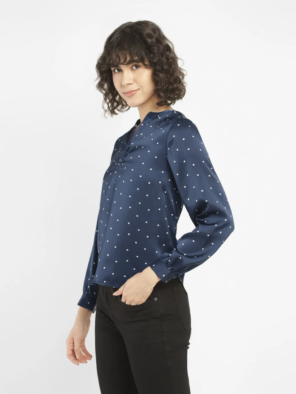 Women's Polka Dot Navy Split Neck Top