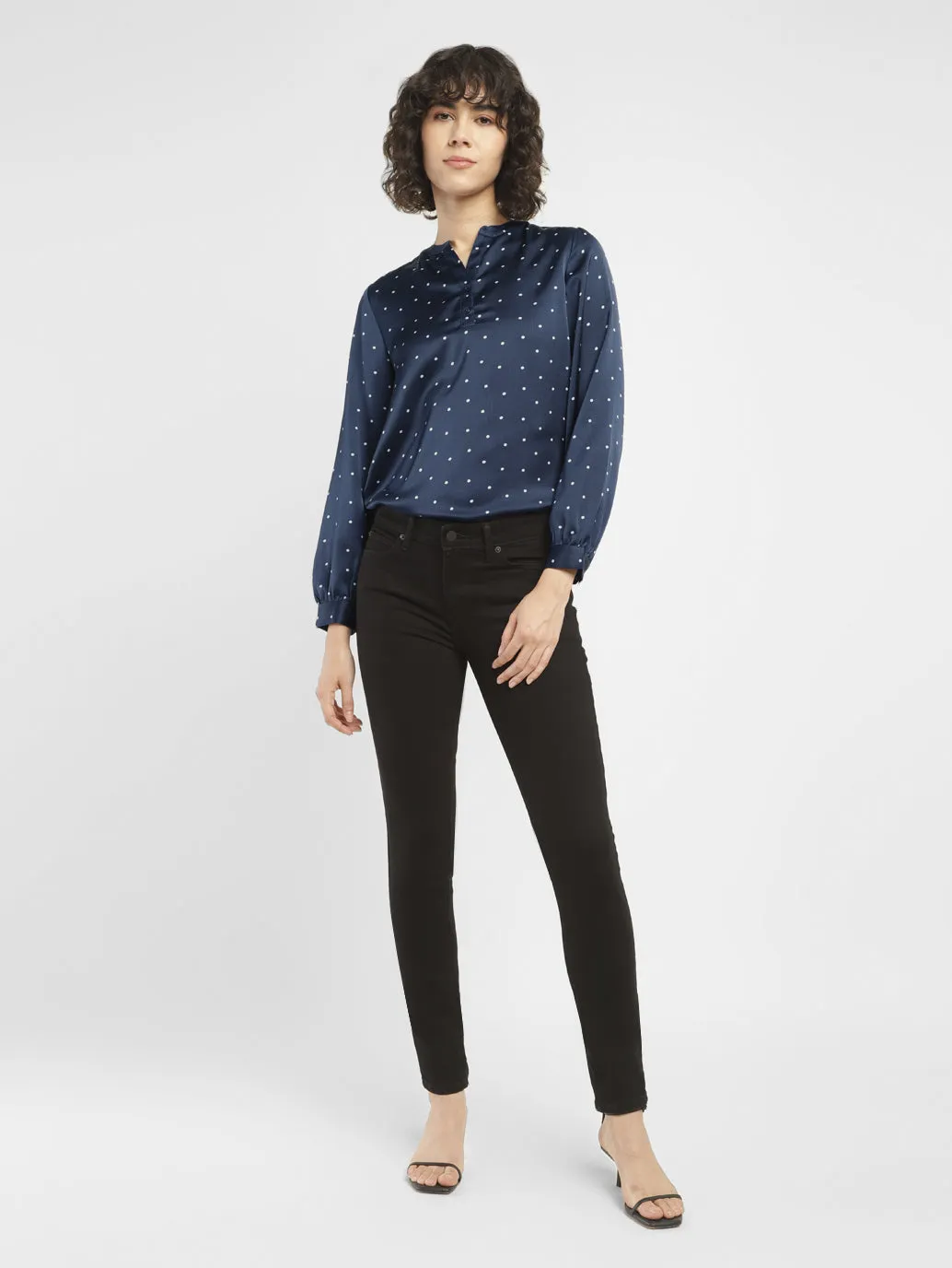 Women's Polka Dot Navy Split Neck Top