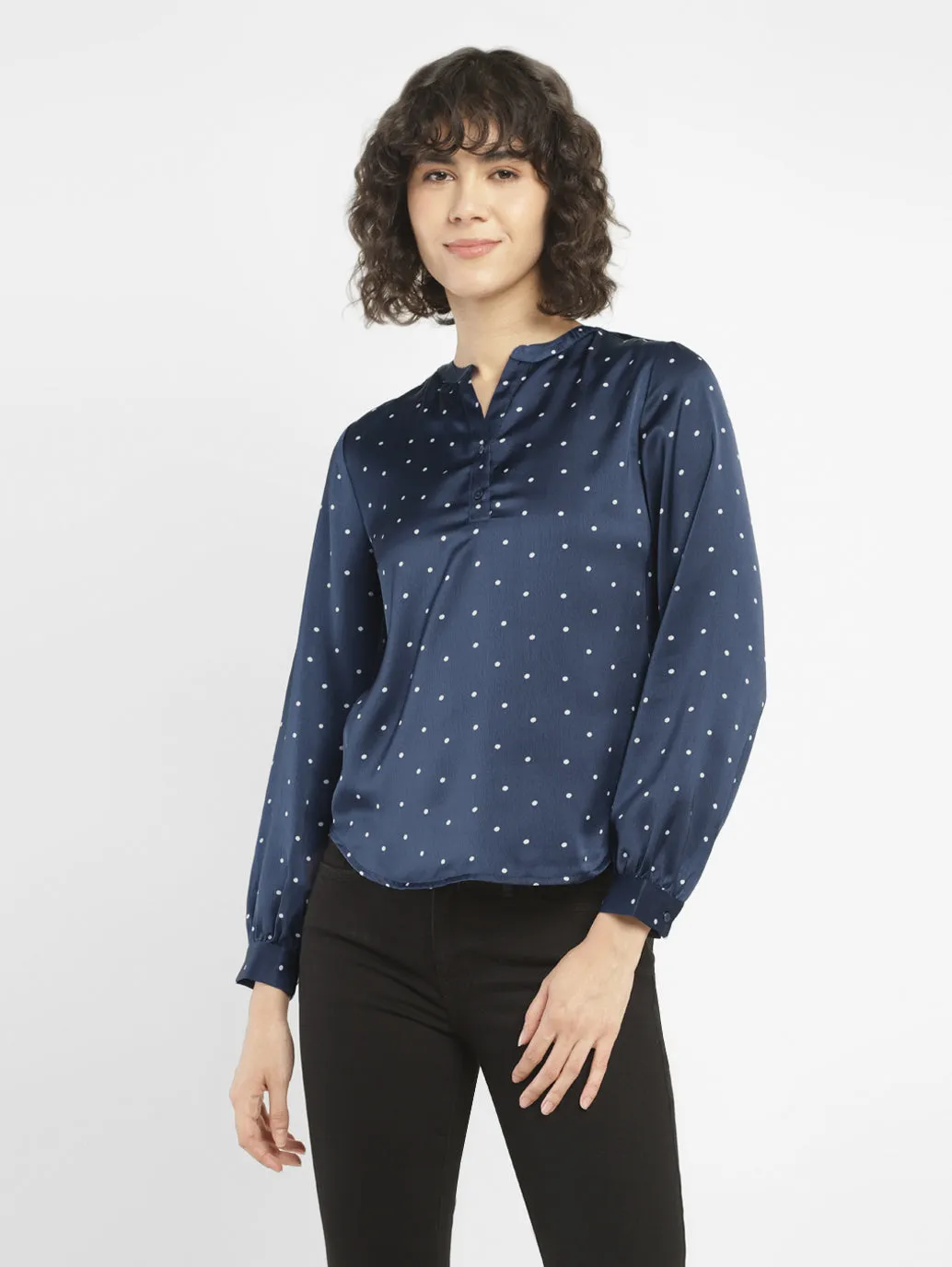 Women's Polka Dot Navy Split Neck Top