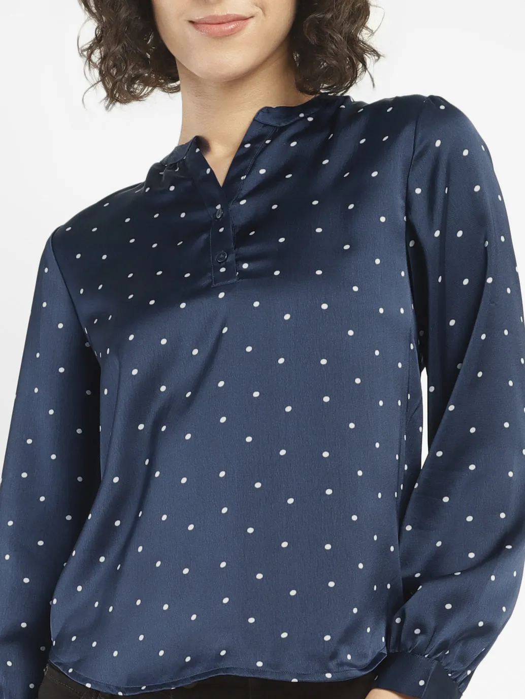 Women's Polka Dot Navy Split Neck Top