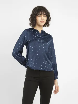 Women's Polka Dot Navy Split Neck Top