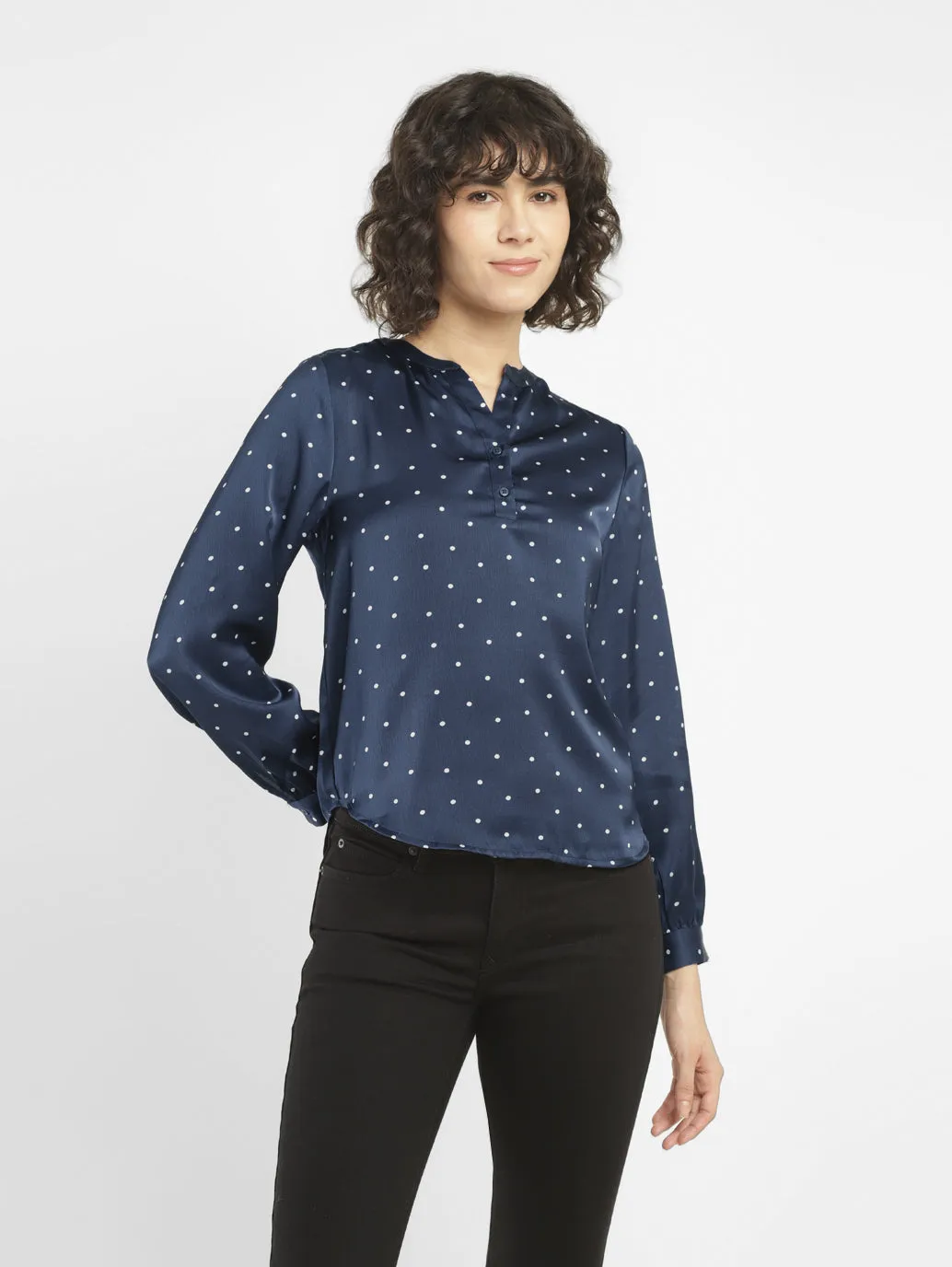 Women's Polka Dot Navy Split Neck Top