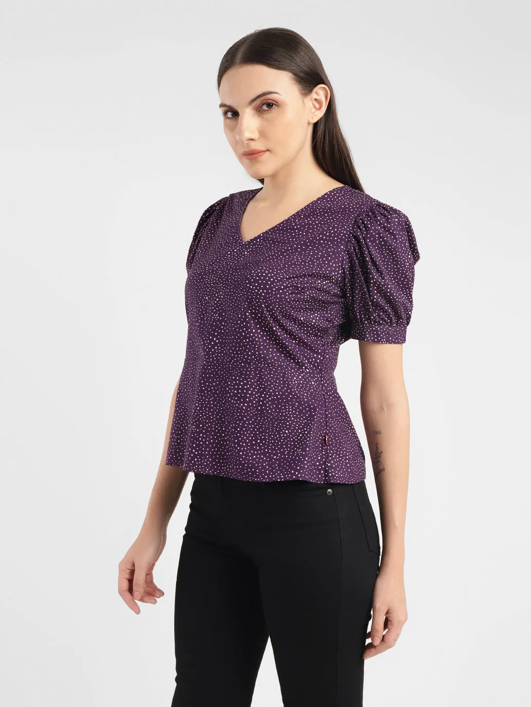 Women's Printed Purple V Neck Top