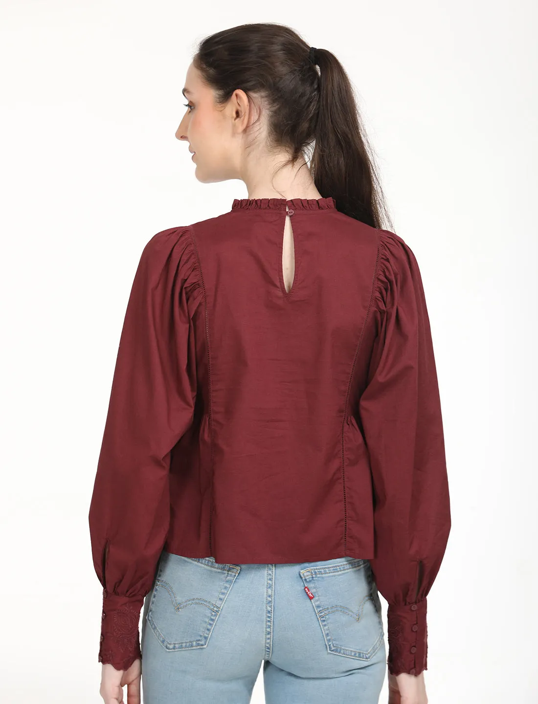 Women's Self Design Maroon High Neck Top