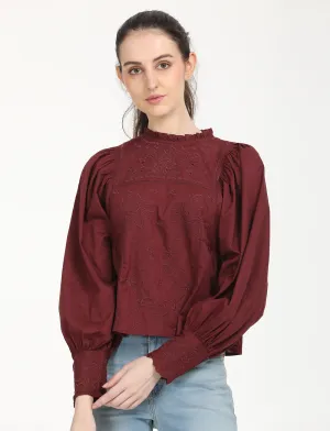 Women's Self Design Maroon High Neck Top