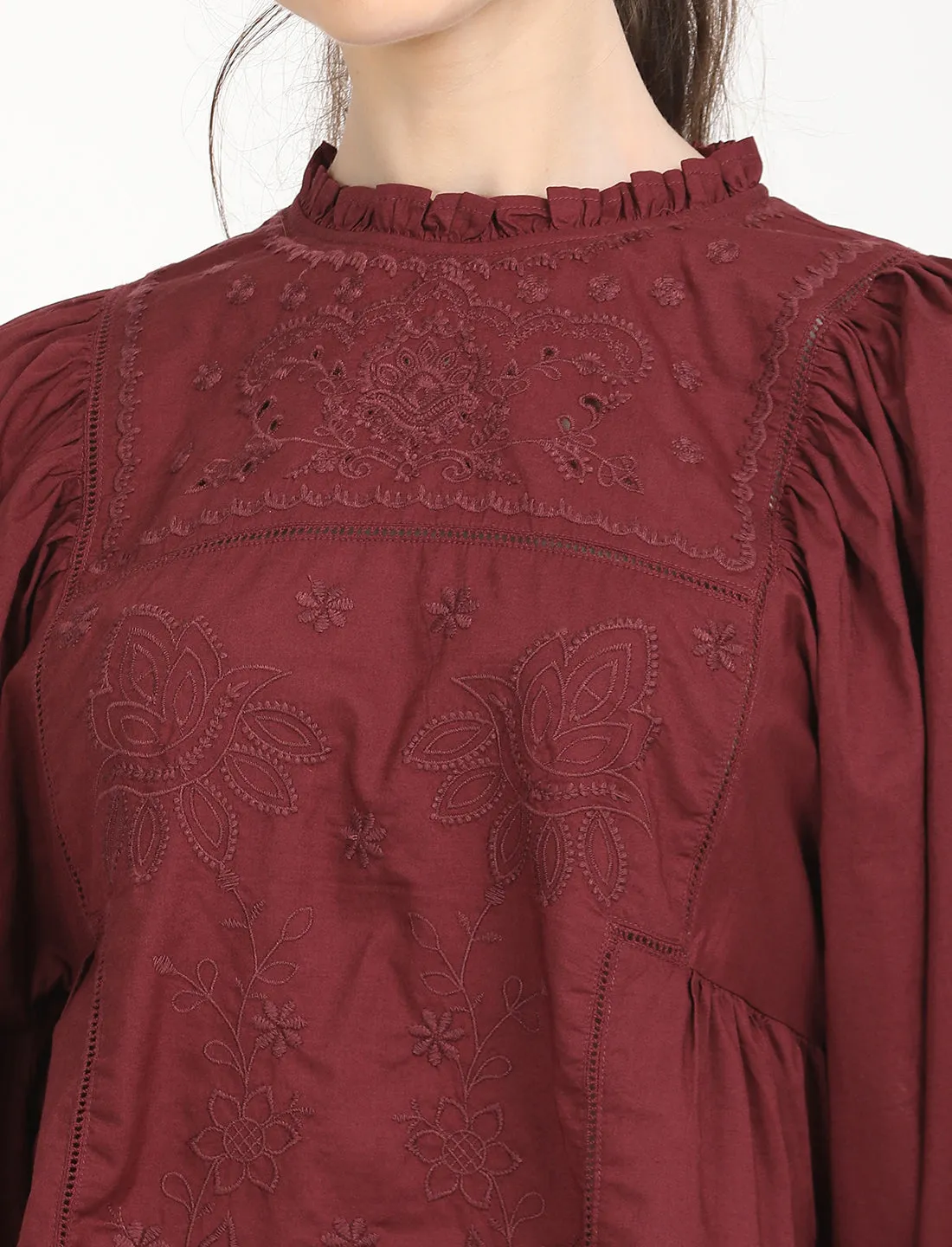Women's Self Design Maroon High Neck Top