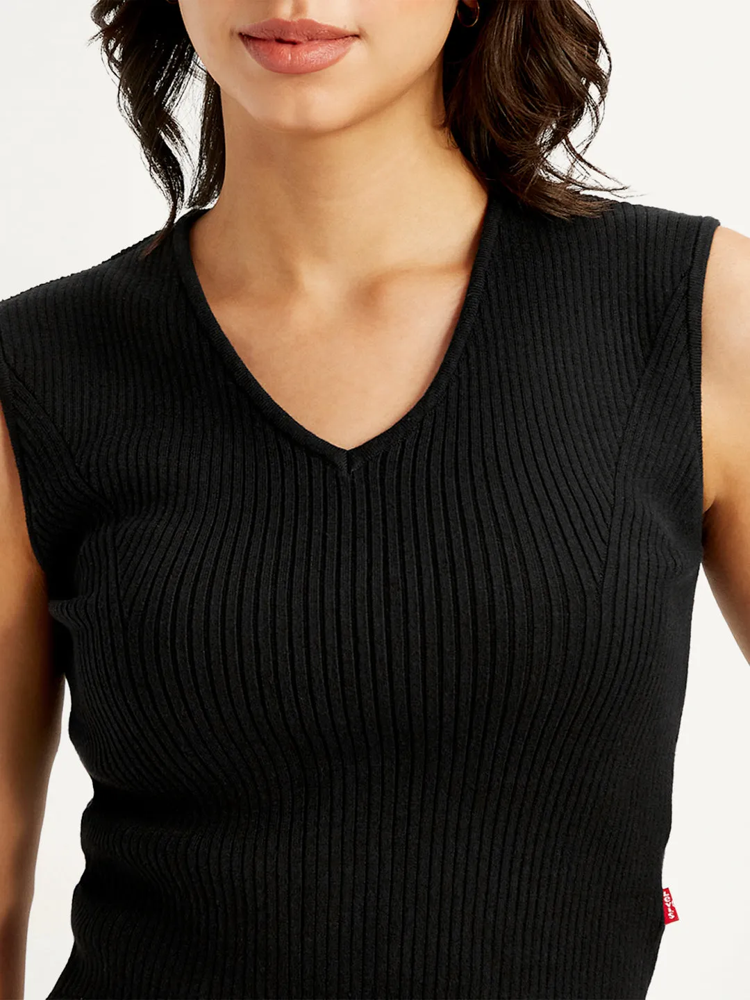 Women's Solid Black V Neck Crop Top